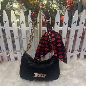 Juicy Couture Black Shoulder Bag with Pink Lip Print Scarf